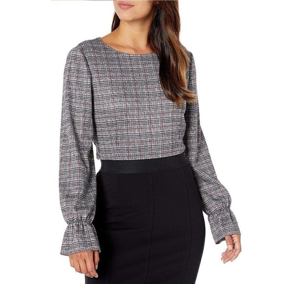 Nine West Plus Size Plaid Bell-cuff Knit Blouse Long Sleeve Shirt - Picture 1 of 10
